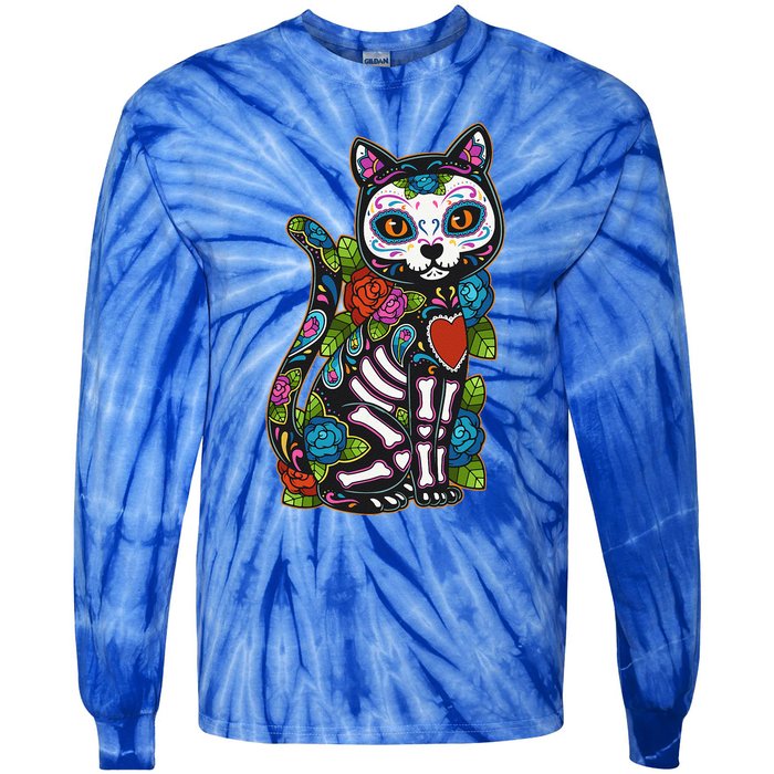 Cat Sugar Skull Mexico Calavera Dia De Los Muertos Halloween Tie-Dye Long Sleeve Shirt