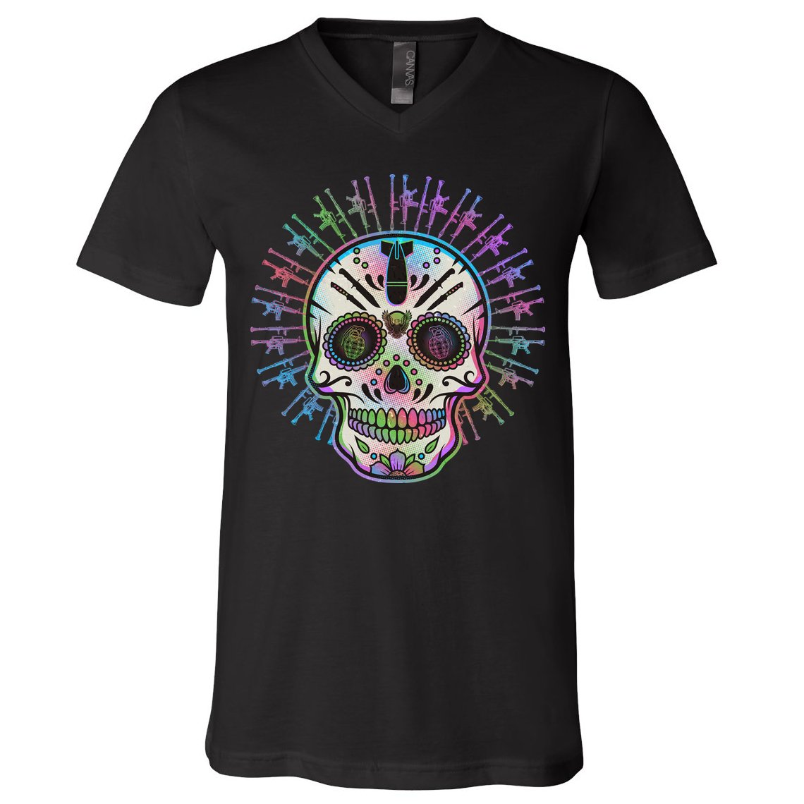 Colorful Sugar Skull Weapons V-Neck T-Shirt