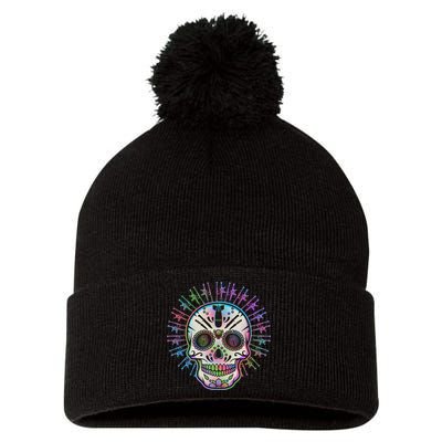 Colorful Sugar Skull Weapons Pom Pom 12in Knit Beanie