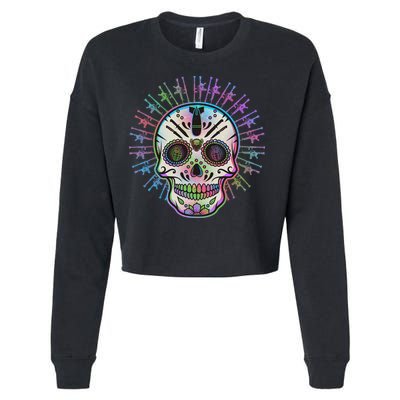 Colorful Sugar Skull Weapons Cropped Pullover Crew
