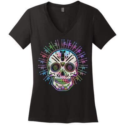 Colorful Sugar Skull Weapons Women's V-Neck T-Shirt