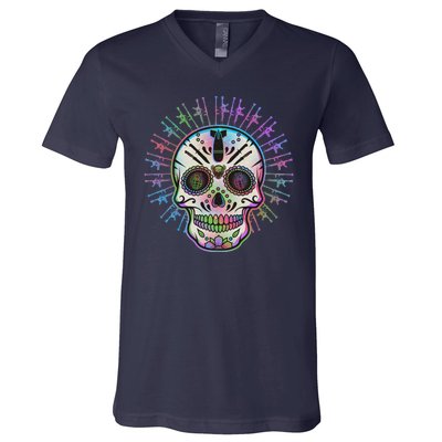 Colorful Sugar Skull Weapons V-Neck T-Shirt