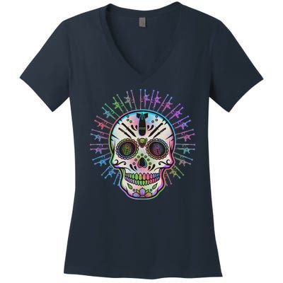 Colorful Sugar Skull Weapons Women's V-Neck T-Shirt