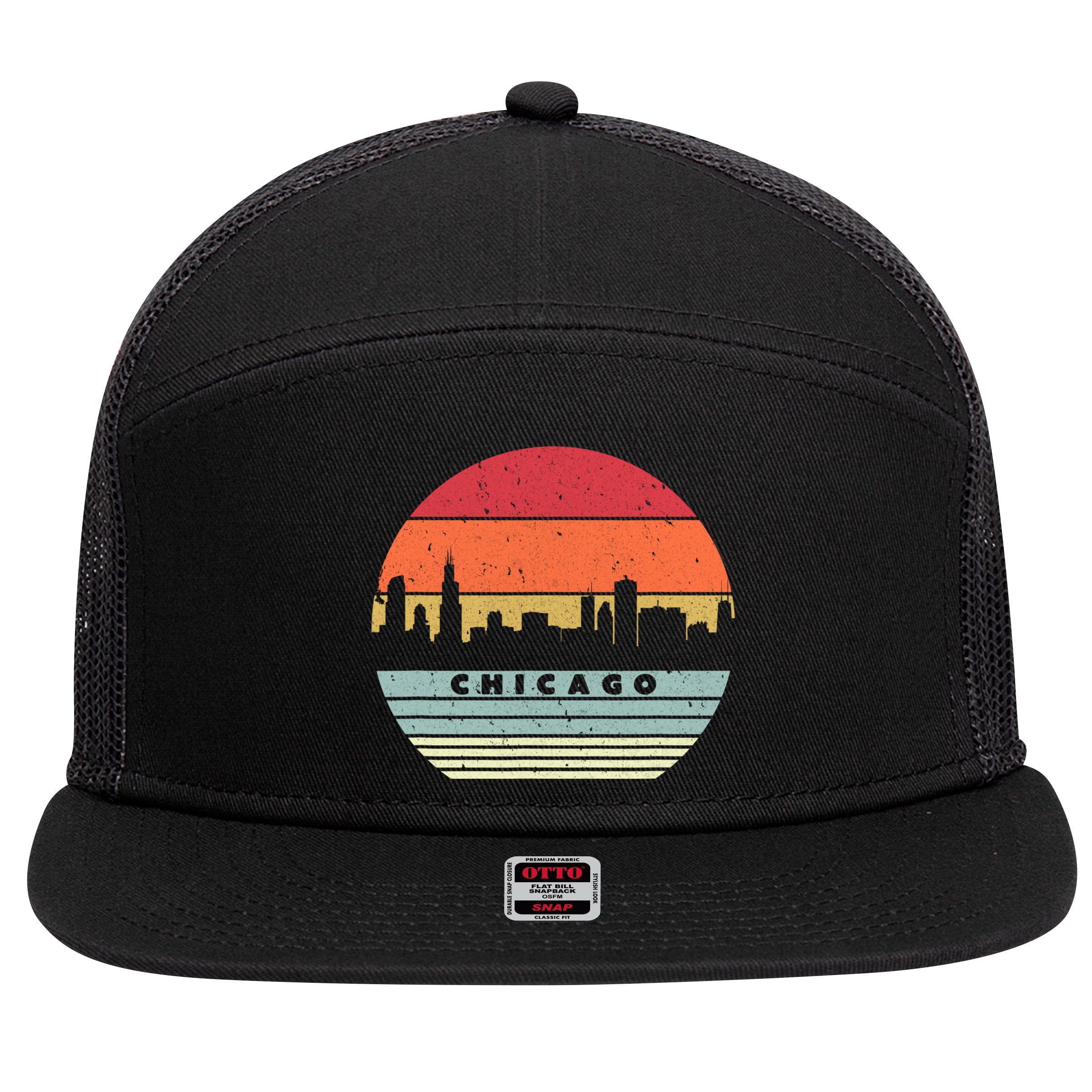 Chicago Souvenir Shirt. Retro Style USA Skyline 7 Panel Mesh Trucker Snapback Hat