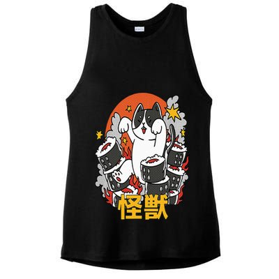 Catzilla Sunset Sushi Cat Japanese Ladies PosiCharge Tri-Blend Wicking Tank