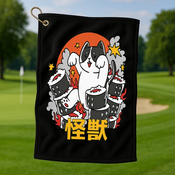Catzilla Sunset Sushi Cat Japanese Golf Towel