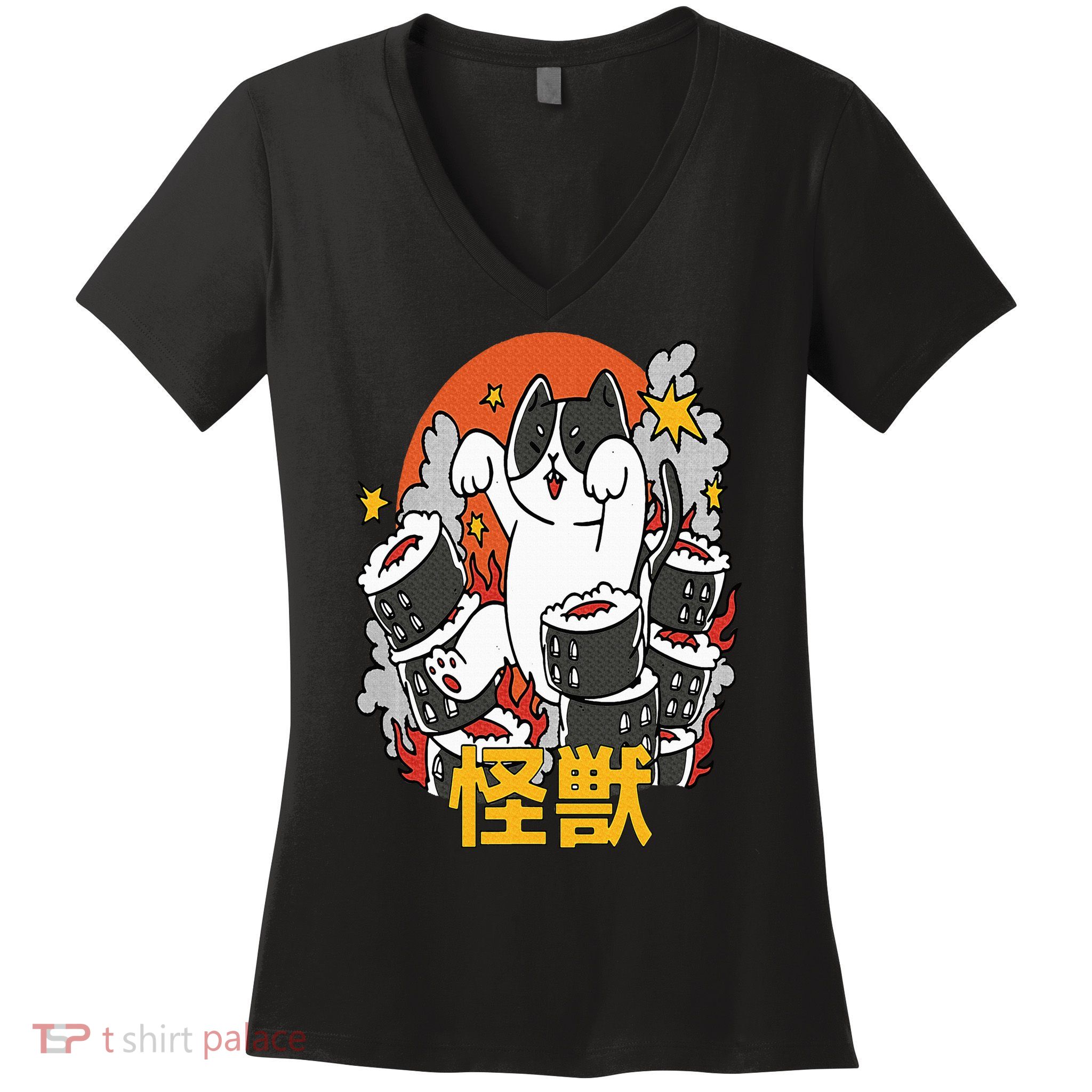 Catzilla Sunset Sushi Cat Japanese Women's V-Neck T-Shirt