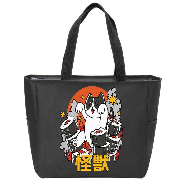 Catzilla Sunset Sushi Cat Japanese Zip Tote Bag