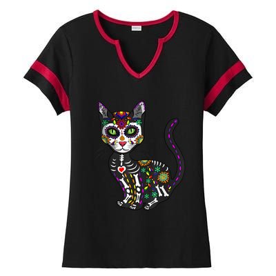 Cute Sugar Skull Mexican Cat Halloween Day Of The Dead Ladies Halftime Notch Neck Tee