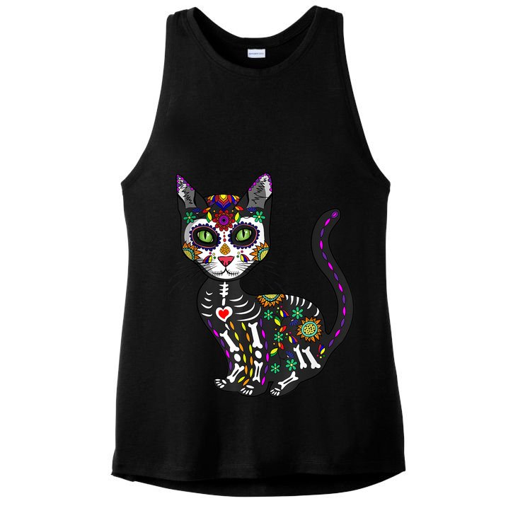 Cute Sugar Skull Mexican Cat Halloween Day Of The Dead Ladies PosiCharge Tri-Blend Wicking Tank
