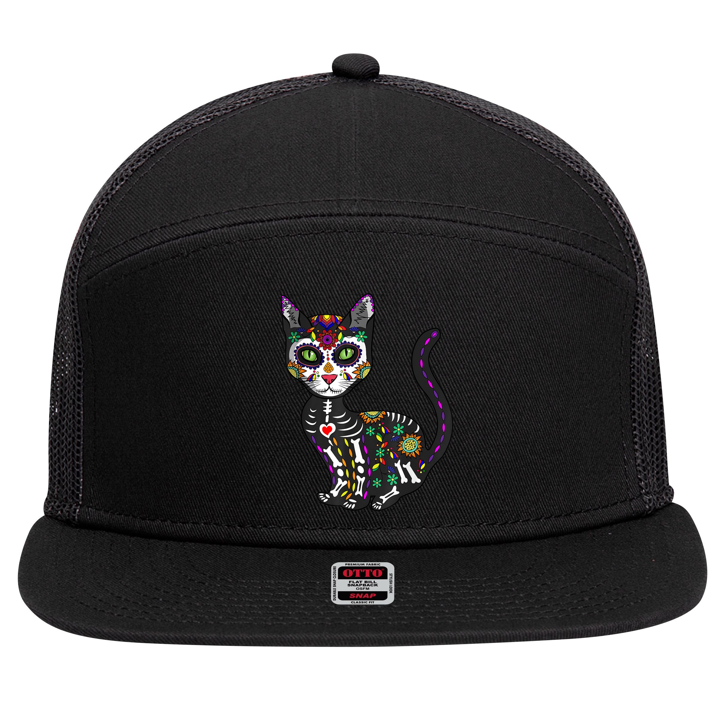 Cute Sugar Skull Mexican Cat Halloween Day Of The Dead 7 Panel Mesh Trucker Snapback Hat
