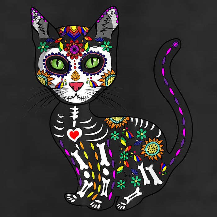 Cute Sugar Skull Mexican Cat Halloween Day Of The Dead 7 Panel Mesh Trucker Snapback Hat