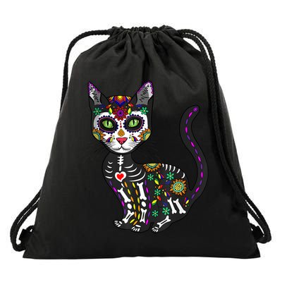 Cute Sugar Skull Mexican Cat Halloween Day Of The Dead Drawstring Bag