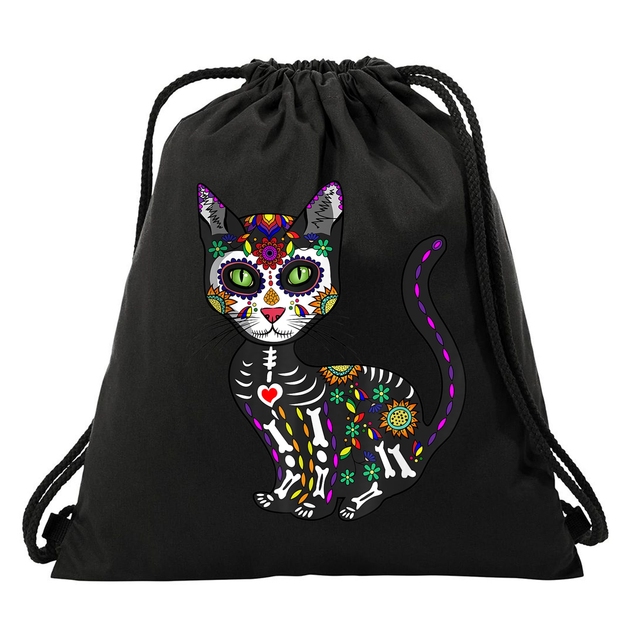 Cute Sugar Skull Mexican Cat Halloween Day Of The Dead Drawstring Bag