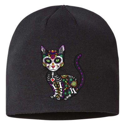 Cute Sugar Skull Mexican Cat Halloween Day Of The Dead Sustainable Beanie