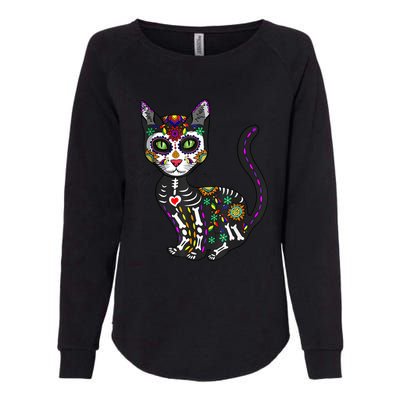 Cute Sugar Skull Mexican Cat Halloween Day Of The Dead Womens California Wash Sweatshirt