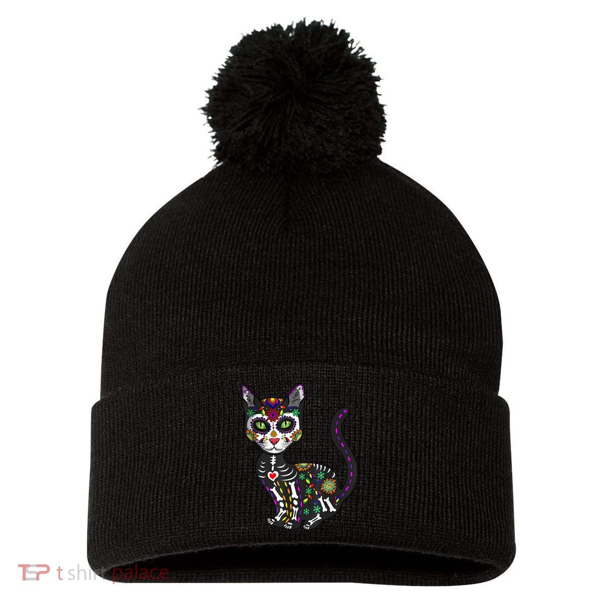 Cute Sugar Skull Mexican Cat Halloween Day Of The Dead Pom Pom 12in Knit Beanie