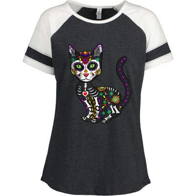 Cute Sugar Skull Mexican Cat Halloween Day Of The Dead Enza Ladies Jersey Colorblock Tee