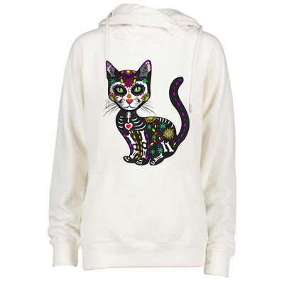 Cute Sugar Skull Mexican Cat Halloween Day Of The Dead Womens Funnel Neck Pullover Hood