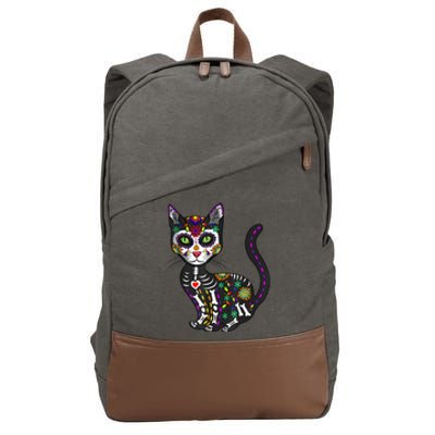 Cute Sugar Skull Mexican Cat Halloween Day Of The Dead Cotton Canvas Backpack