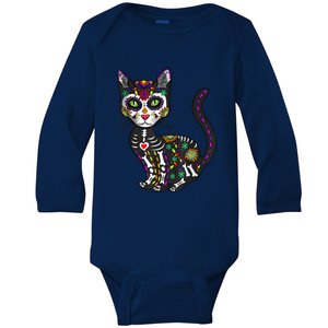 Cute Sugar Skull Mexican Cat Halloween Day Of The Dead Baby Long Sleeve Bodysuit