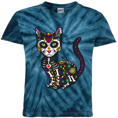 Cute Sugar Skull Mexican Cat Halloween Day Of The Dead Kids Tie-Dye T-Shirt