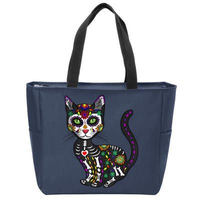 Cute Sugar Skull Mexican Cat Halloween Day Of The Dead Zip Tote Bag