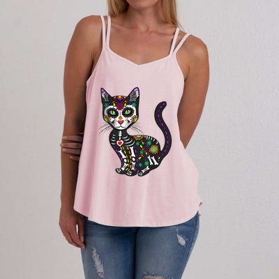 Cute Sugar Skull Mexican Cat Halloween Day Of The Dead Women's Strappy Tank