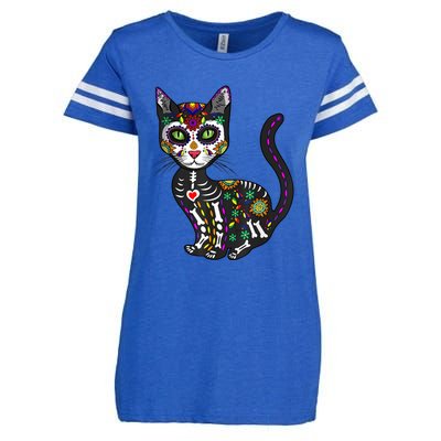 Cute Sugar Skull Mexican Cat Halloween Day Of The Dead Enza Ladies Jersey Football T-Shirt