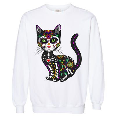 Cute Sugar Skull Mexican Cat Halloween Day Of The Dead Garment-Dyed Sweatshirt