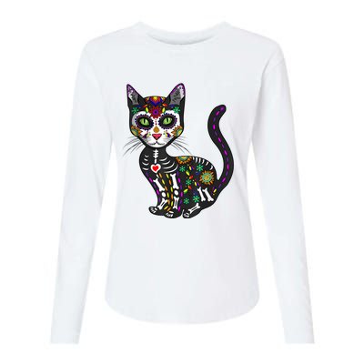 Cute Sugar Skull Mexican Cat Halloween Day Of The Dead Womens Cotton Relaxed Long Sleeve T-Shirt