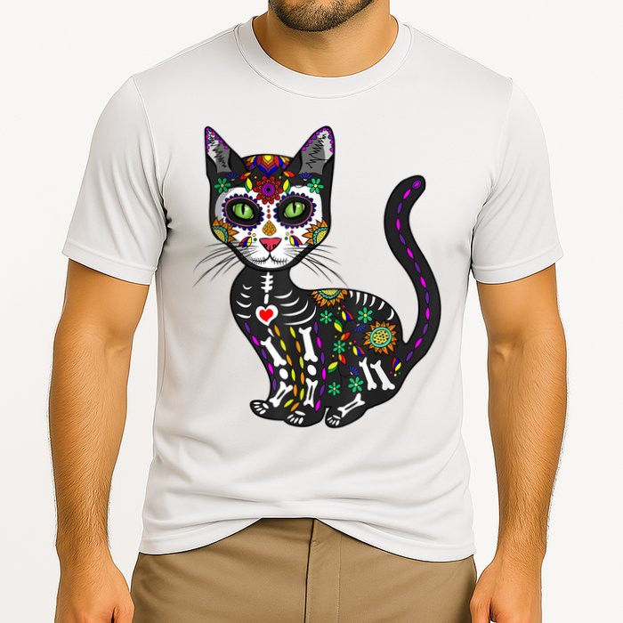 Cute Sugar Skull Mexican Cat Halloween Day Of The Dead Cooling Performance Crew T-Shirt