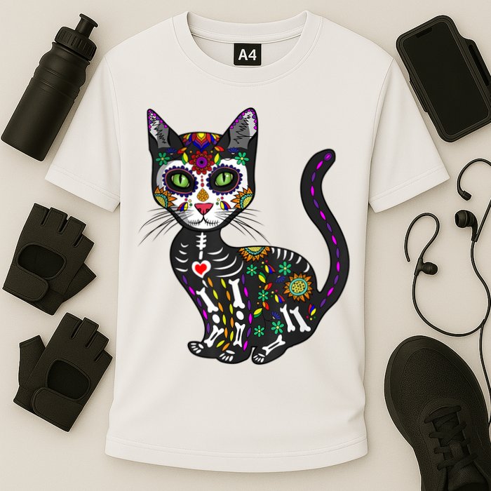 Cute Sugar Skull Mexican Cat Halloween Day Of The Dead Cooling Performance Crew T-Shirt