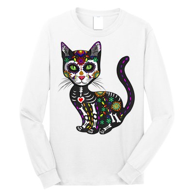 Cute Sugar Skull Mexican Cat Halloween Day Of The Dead Long Sleeve Shirt