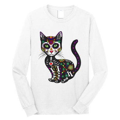 Cute Sugar Skull Mexican Cat Halloween Day Of The Dead Long Sleeve Shirt