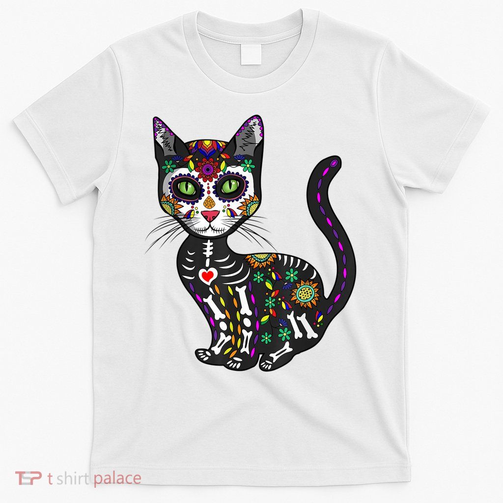 Cute Sugar Skull Mexican Cat Halloween Day Of The Dead T-Shirt