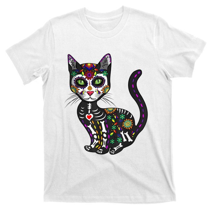 Cute Sugar Skull Mexican Cat Halloween Day Of The Dead T-Shirt