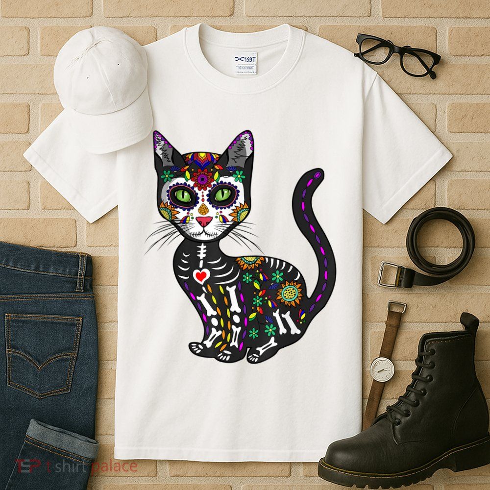 Cute Sugar Skull Mexican Cat Halloween Day Of The Dead Tall T-Shirt