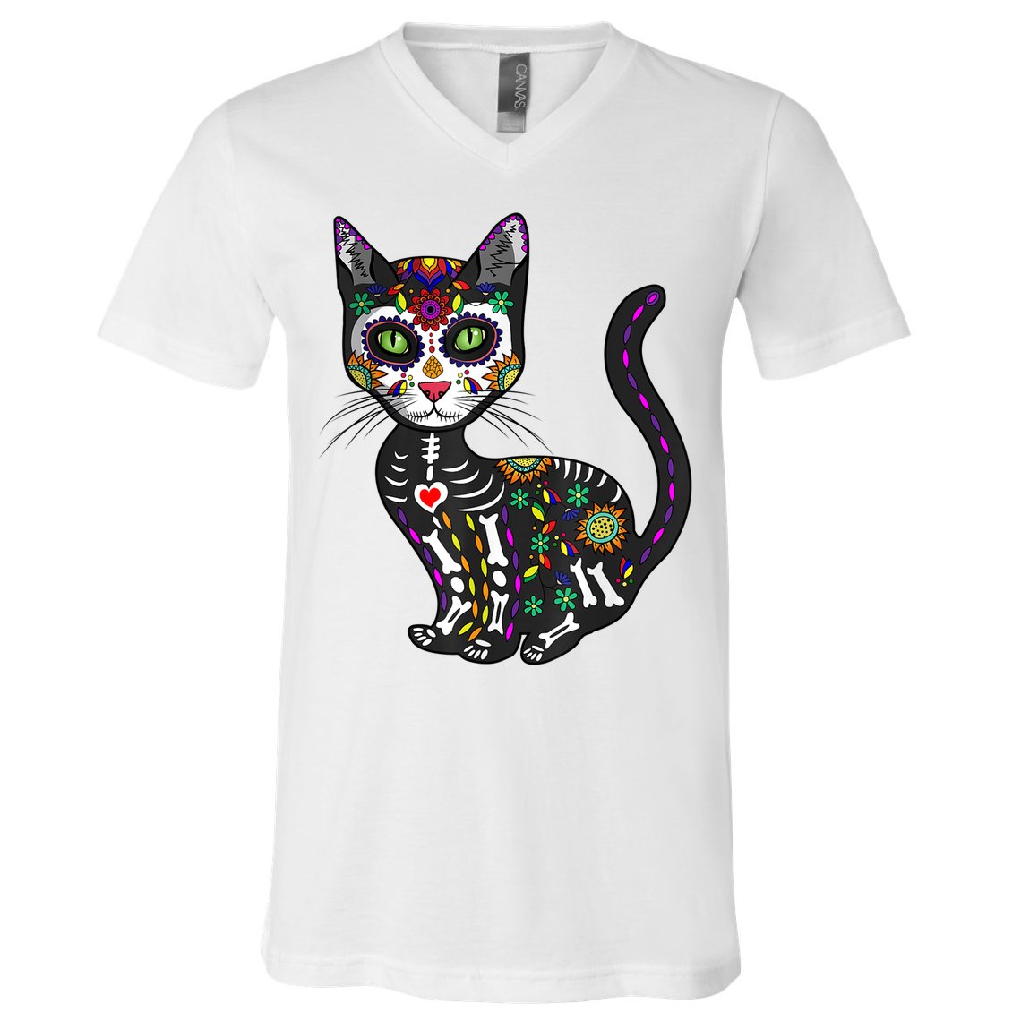 Cute Sugar Skull Mexican Cat Halloween Day Of The Dead V-Neck T-Shirt