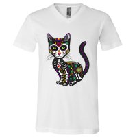 Cute Sugar Skull Mexican Cat Halloween Day Of The Dead V-Neck T-Shirt