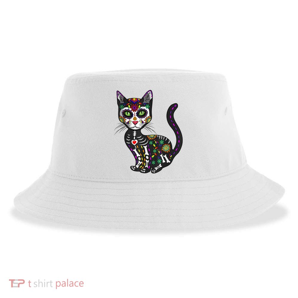 Cute Sugar Skull Mexican Cat Halloween Day Of The Dead Sustainable Bucket Hat