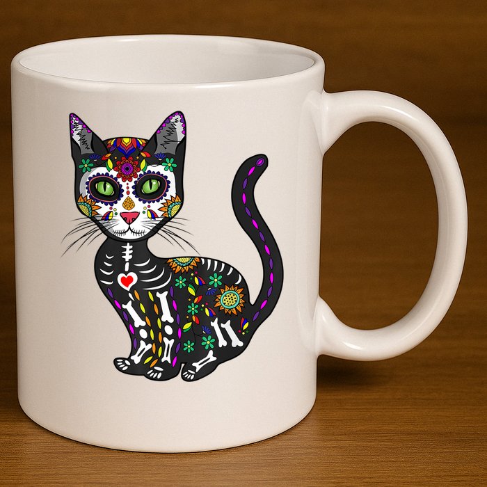Cute Sugar Skull Mexican Cat Halloween Day Of The Dead 11oz C Handle Ceramic Mug