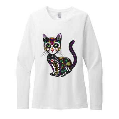 Cute Sugar Skull Mexican Cat Halloween Day Of The Dead Womens CVC Long Sleeve Shirt