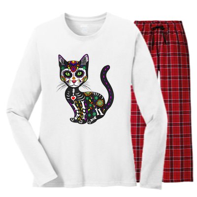 Cute Sugar Skull Mexican Cat Halloween Day Of The Dead Women's Long Sleeve Flannel Pajama Set 