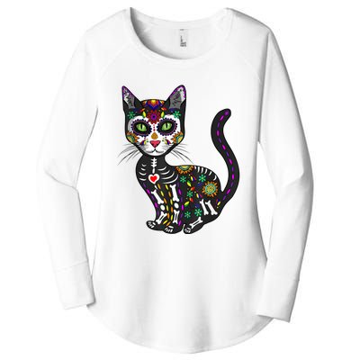 Cute Sugar Skull Mexican Cat Halloween Day Of The Dead Women's Perfect Tri Tunic Long Sleeve Shirt