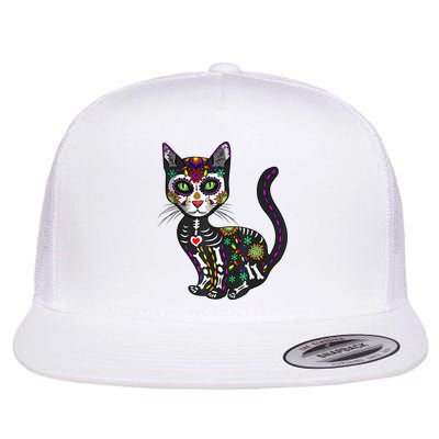 Cute Sugar Skull Mexican Cat Halloween Day Of The Dead Flatbill Hat