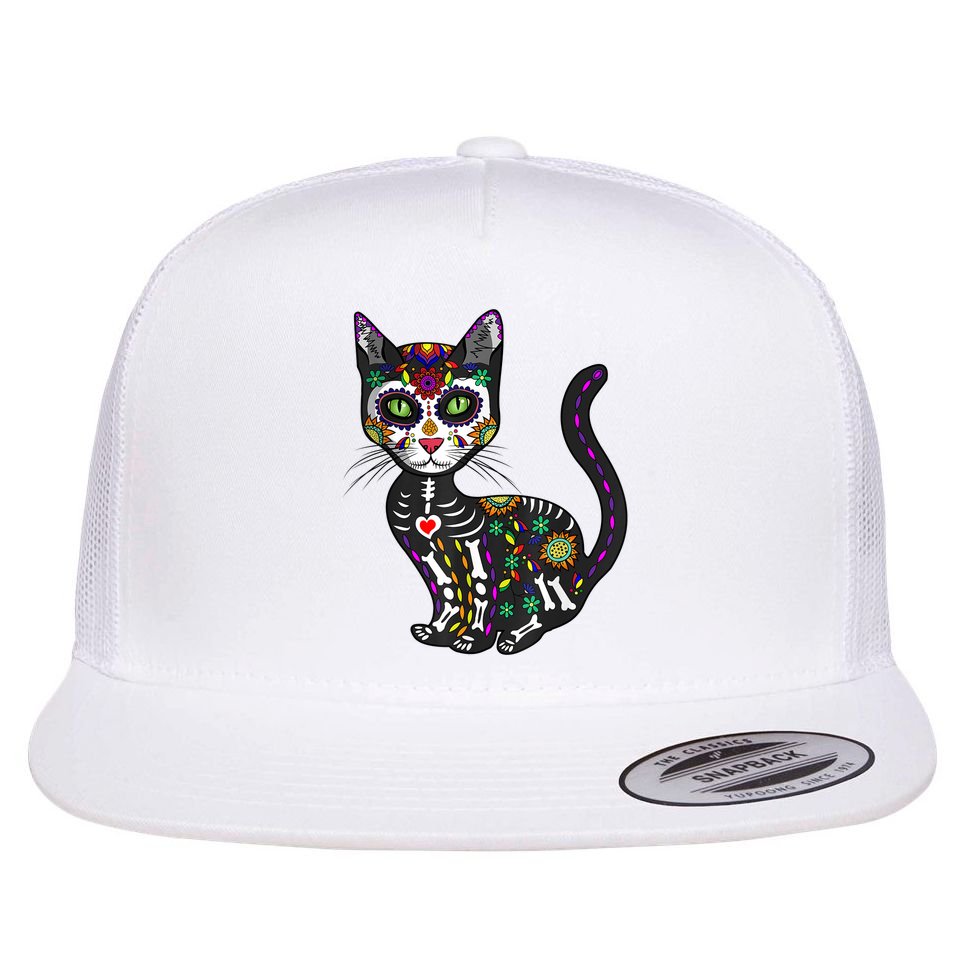 Cute Sugar Skull Mexican Cat Halloween Day Of The Dead Flat Bill Trucker Hat