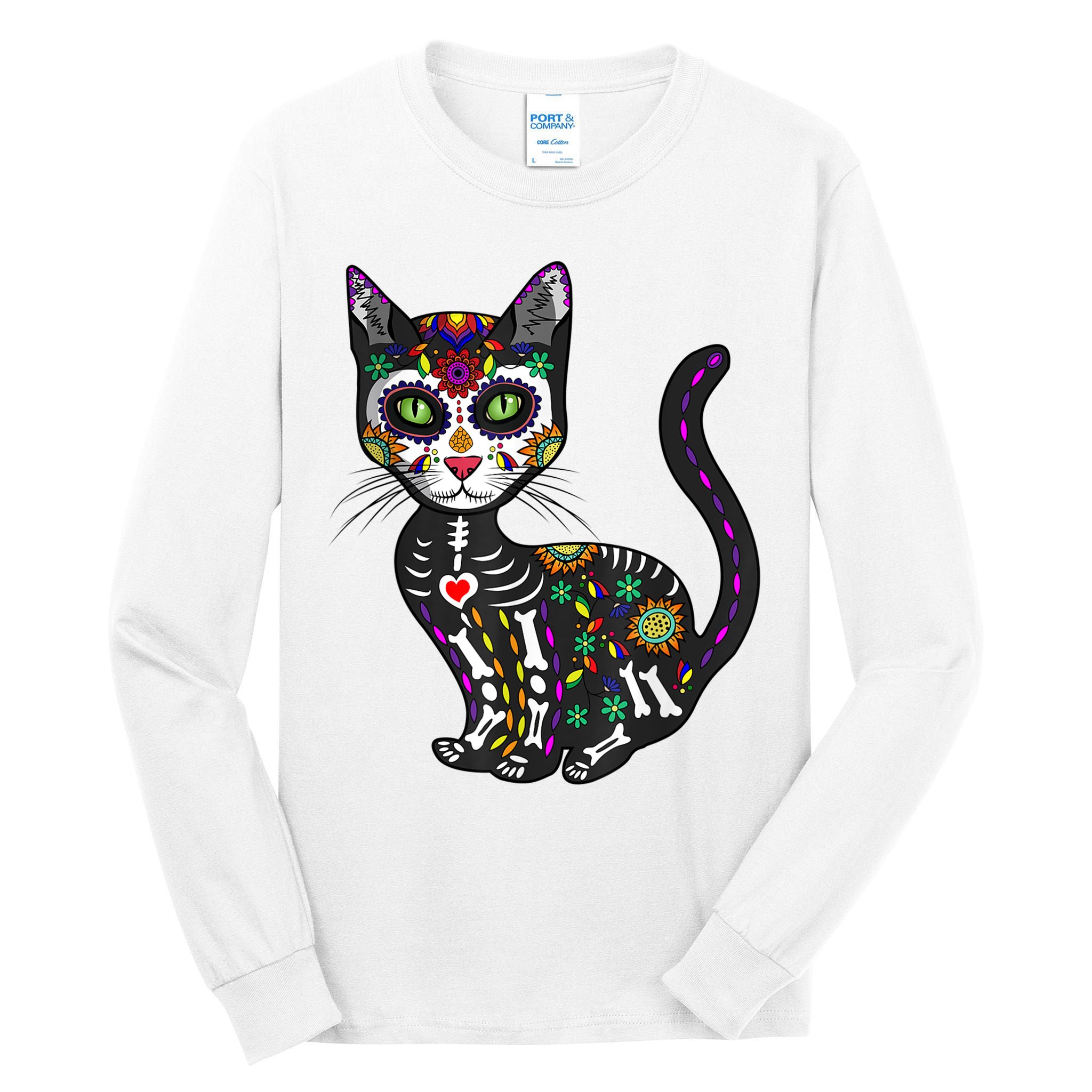 Cute Sugar Skull Mexican Cat Halloween Day Of The Dead Tall Long Sleeve T-Shirt