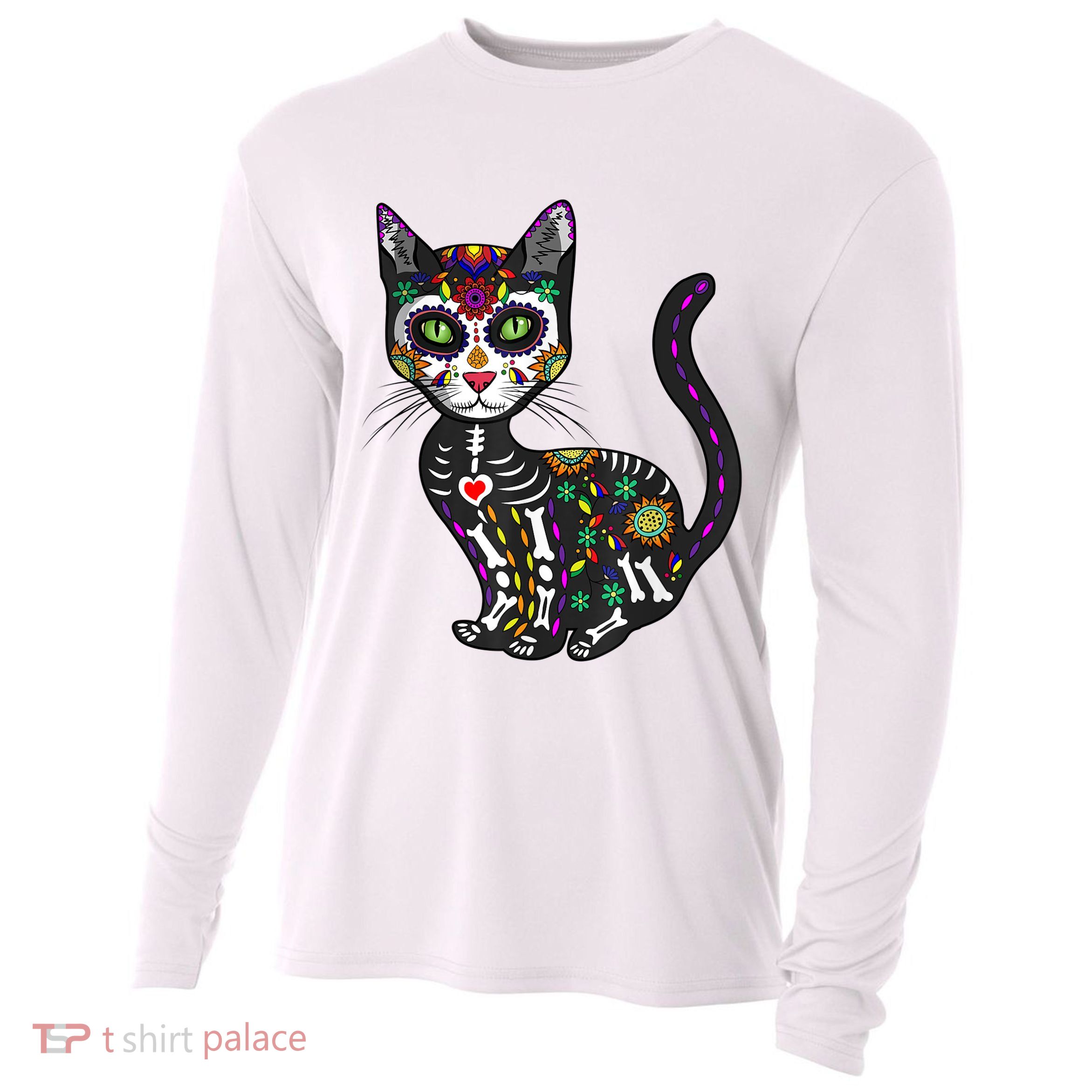 Cute Sugar Skull Mexican Cat Halloween Day Of The Dead Cooling Performance Long Sleeve Crew