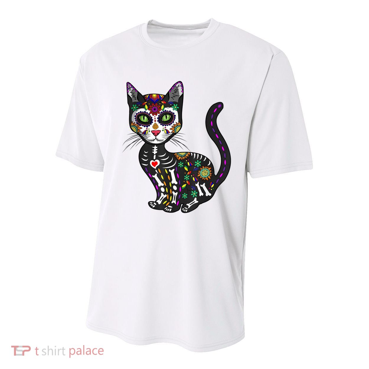 Cute Sugar Skull Mexican Cat Halloween Day Of The Dead Youth Performance Sprint T-Shirt